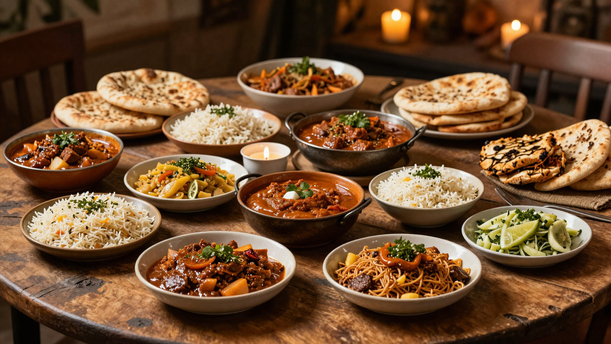 A warm spread of homemade dishes on a wooden table, the heart of the Tubkha marketplace